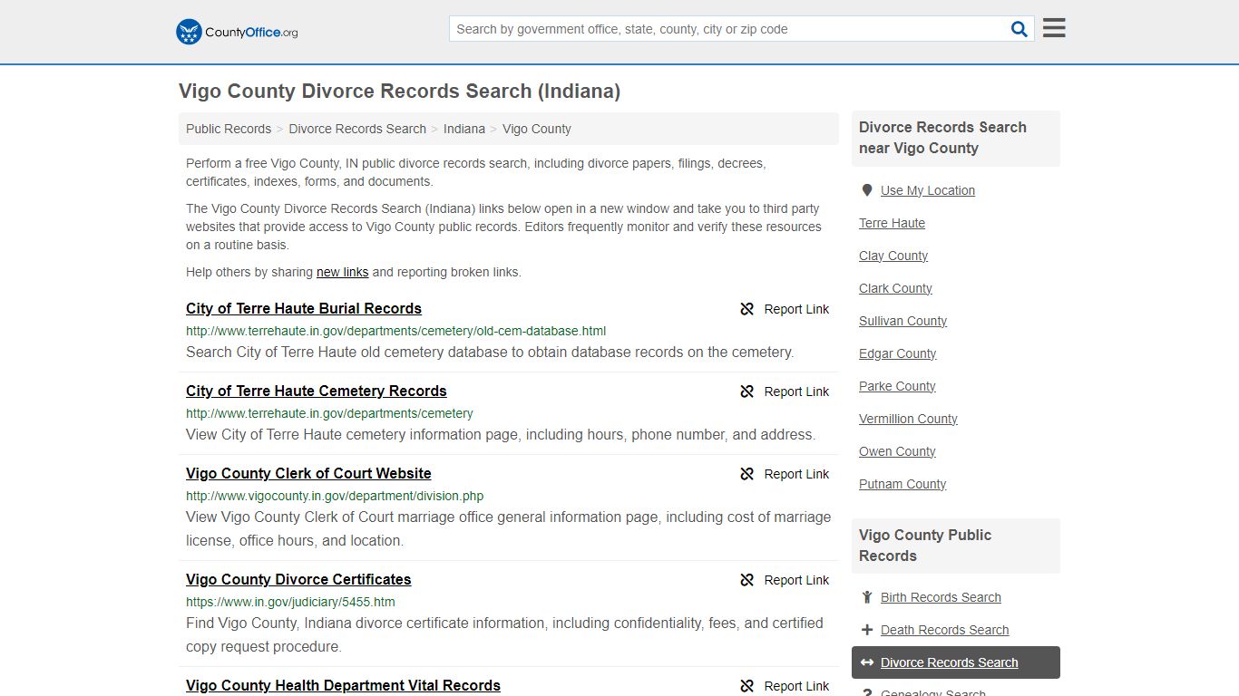 Divorce Records Search - Vigo County, IN (Divorce Certificates & Decrees)
